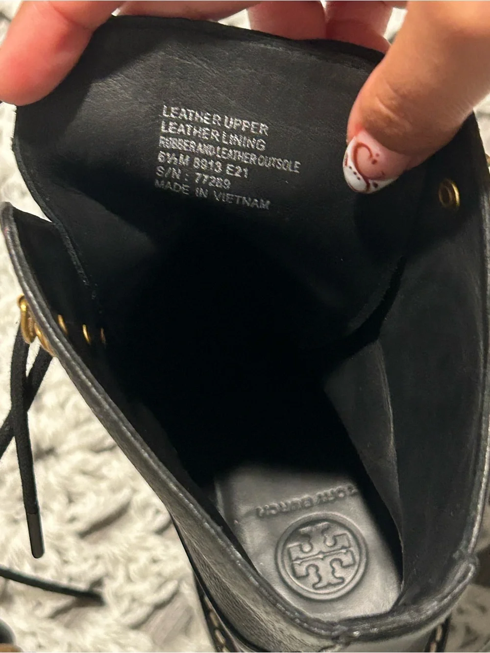 Tory Burch Black Leather Lace-Up Lug Ankle Boots with Gold Hardware